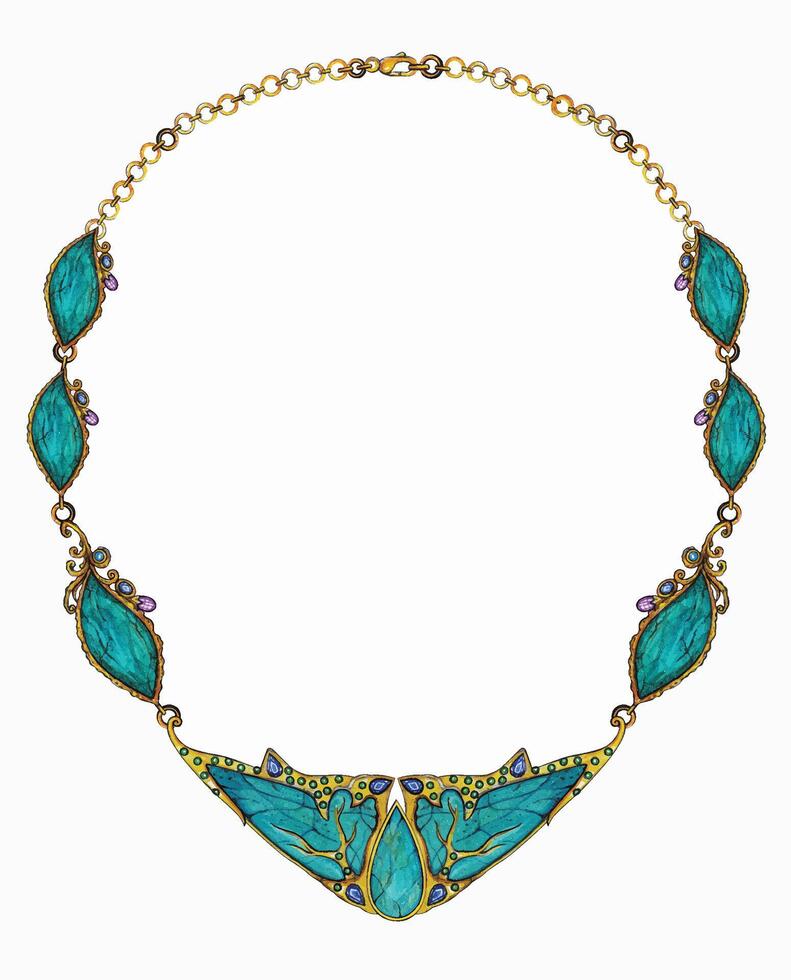Jewelry desing fancy art gold necklace set with turquoise sketch by hand on paper. vector