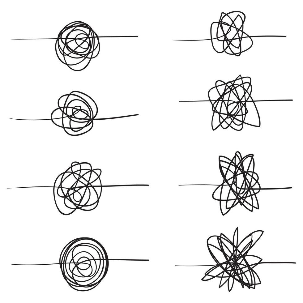Set of random chaotic lines. Hand drawing insane tangled scribble clew. icon isolated on white background. vector