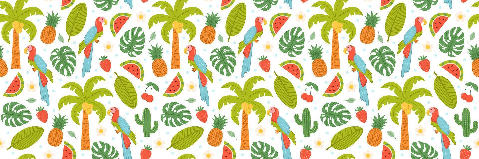 Summer seamless pattern with parrot, tropical plants and berries. Flat background vector