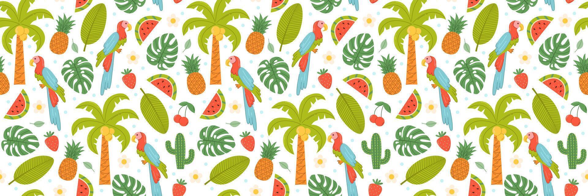 verano sin costura modelo con loro, tropical plantas y bayas. plano antecedentes vector