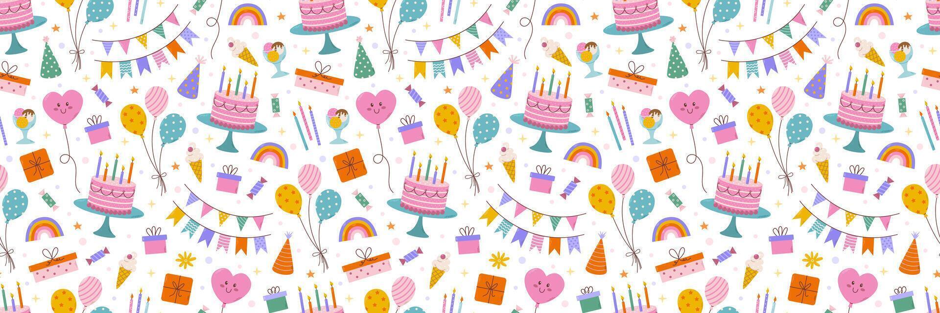 Birthday seamless pattern. Different party objects, colorful holiday items, gift, cake, balloon and garlands vector