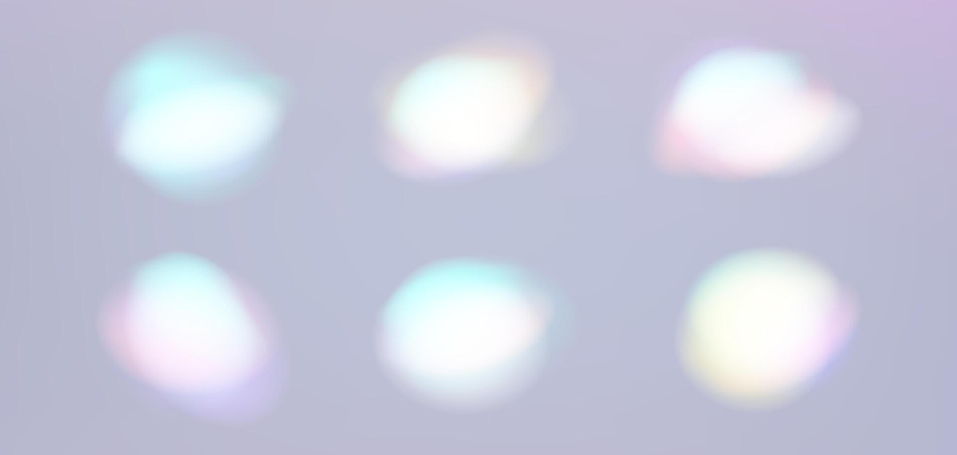 Blurred rainbow refraction overlay effect set. Light lens prism effect on background. Holographic reflection, crystal flare leak shadow overlay. vector