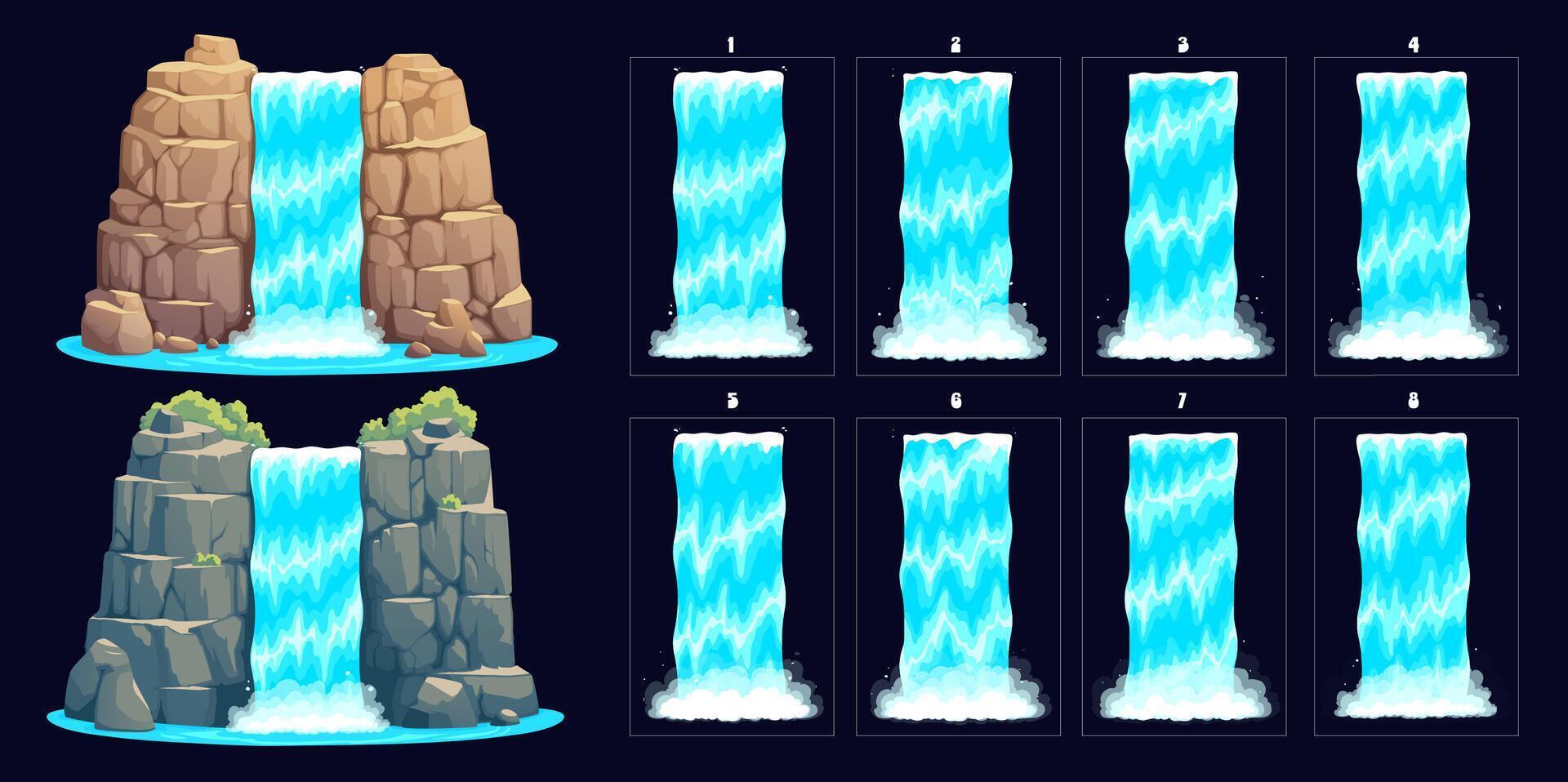 Waterfall sprite sheet animation of water cascade vector