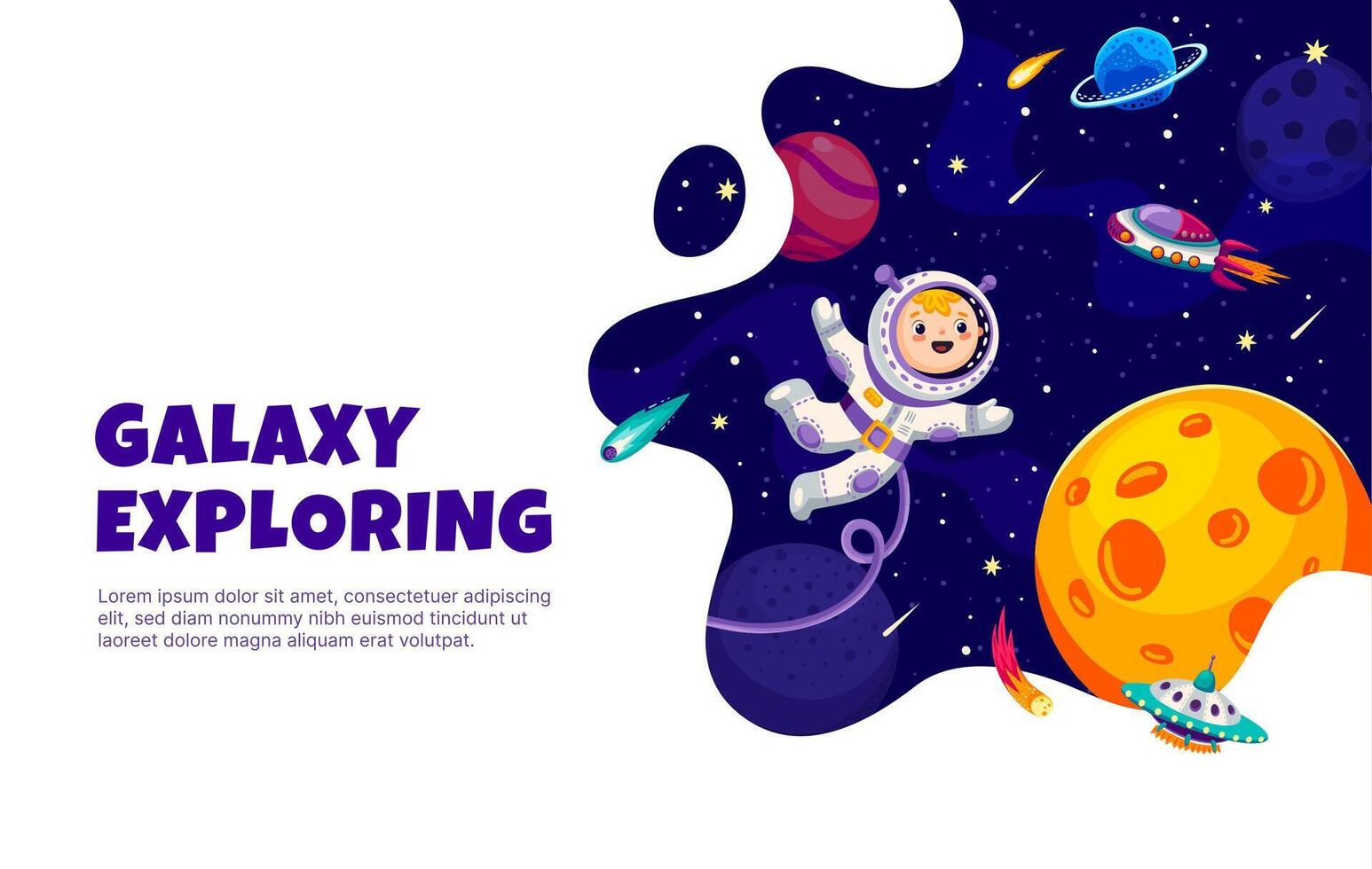 Kid astronaut in outer space, galaxy landscape vector