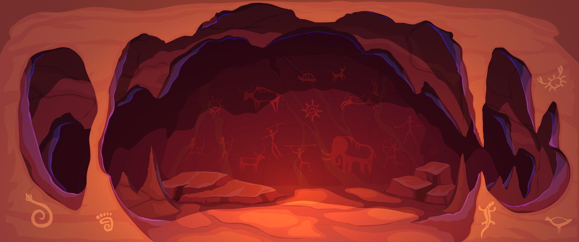 Cave painting, cavern with ancient drawings vector