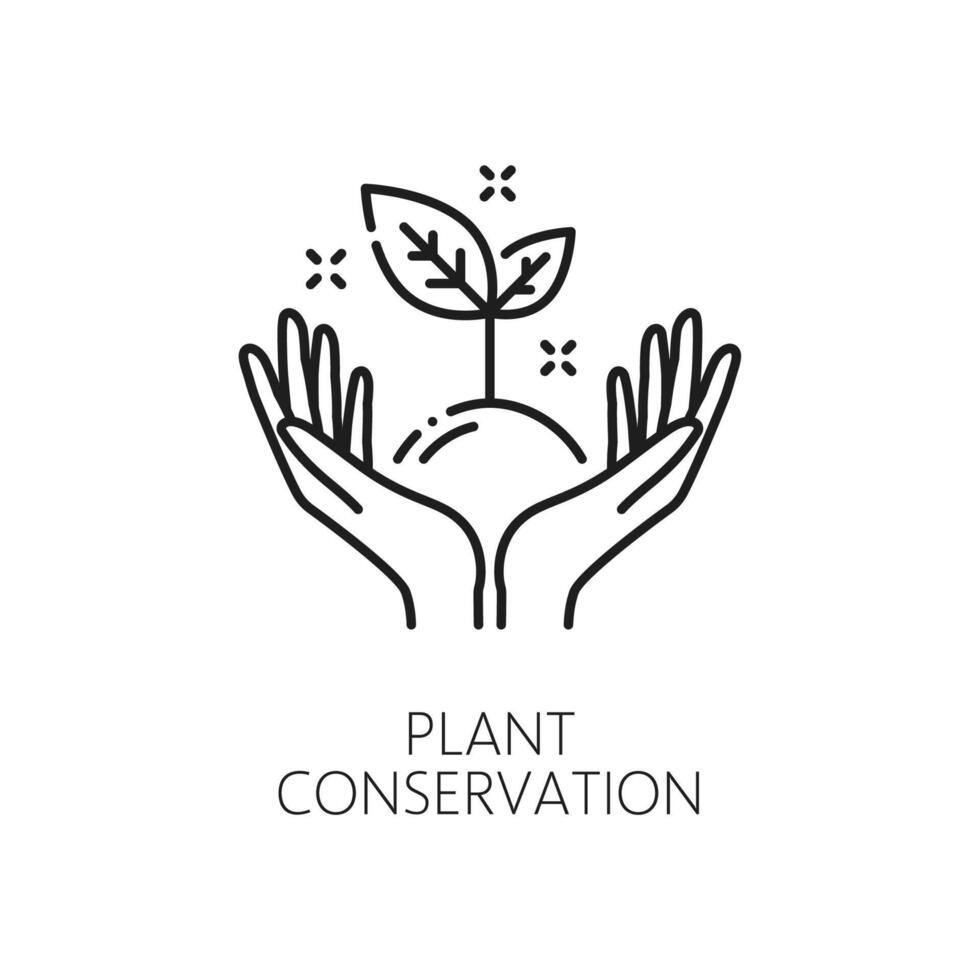 Plants conservation line icon, save world in hands vector