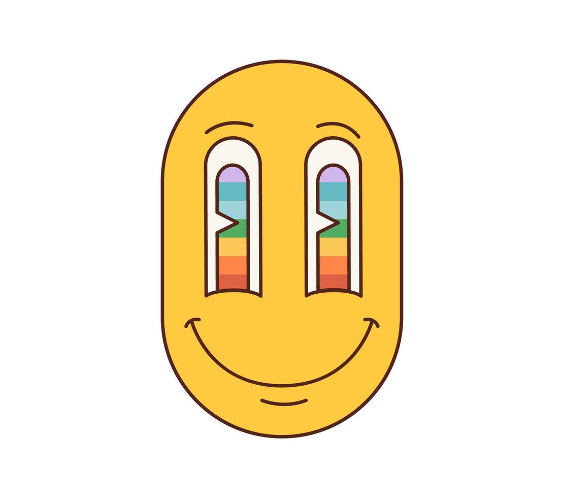 Cartoon retro groovy smile with long rainbow eyes vector