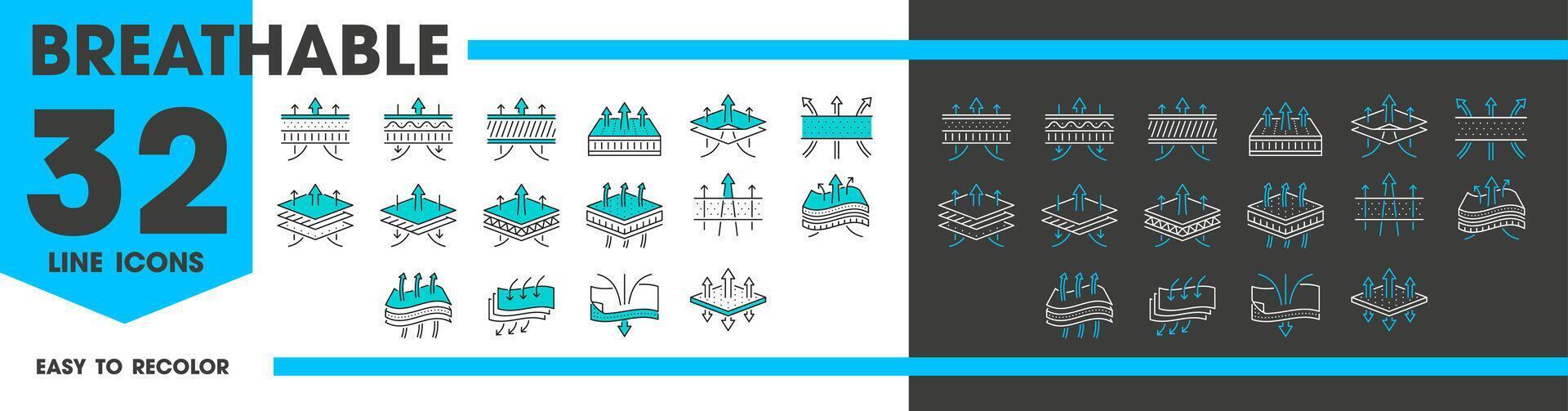 Breathable material line icons fabric fiber layers vector