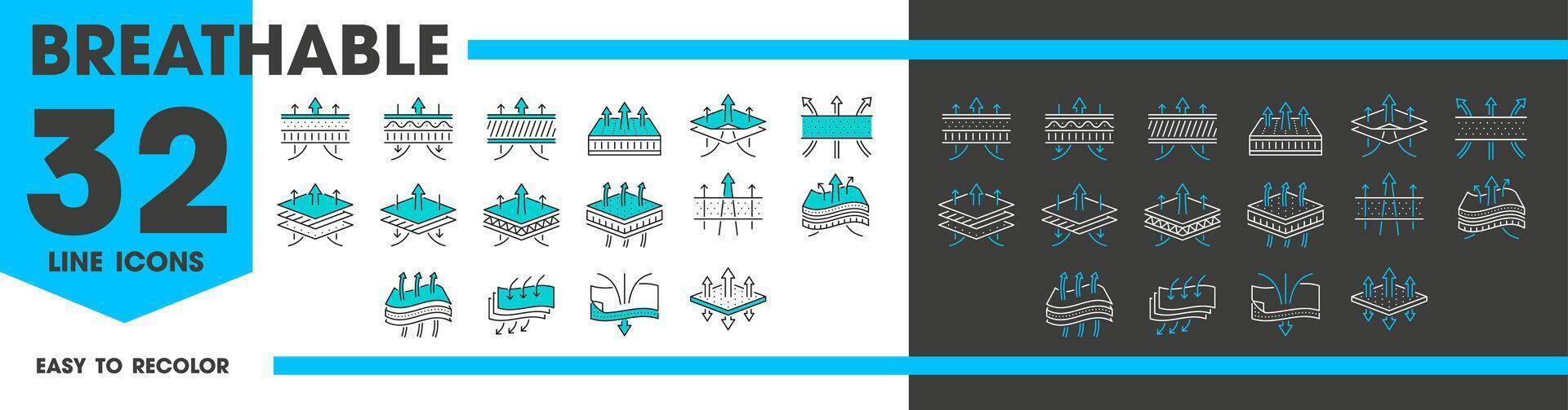 respirable material línea íconos tela fibra capas vector