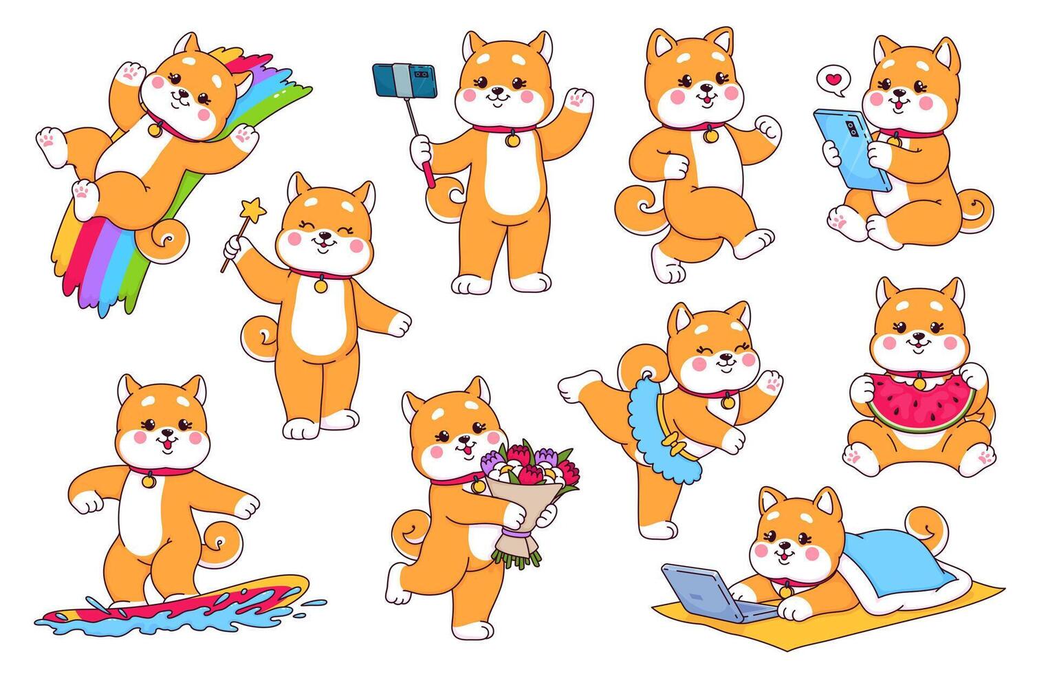 dibujos animados japonés contento shiba inu perrito perro mascotas vector