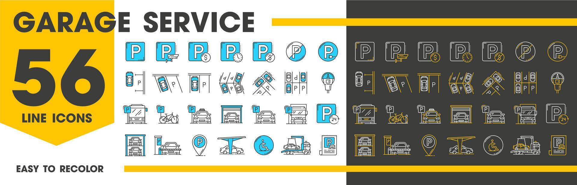automático garaje Servicio y estacionamiento línea íconos vector