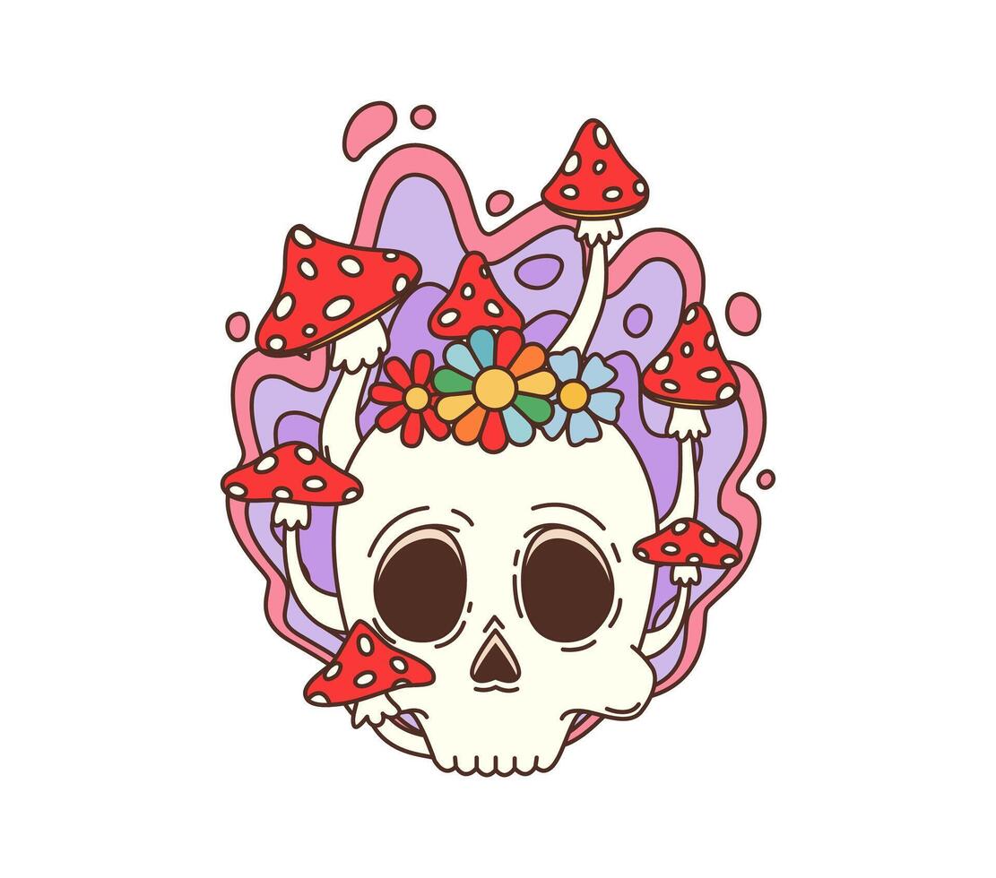 Retro groovy skull with hippie flowers, mushrooms vector