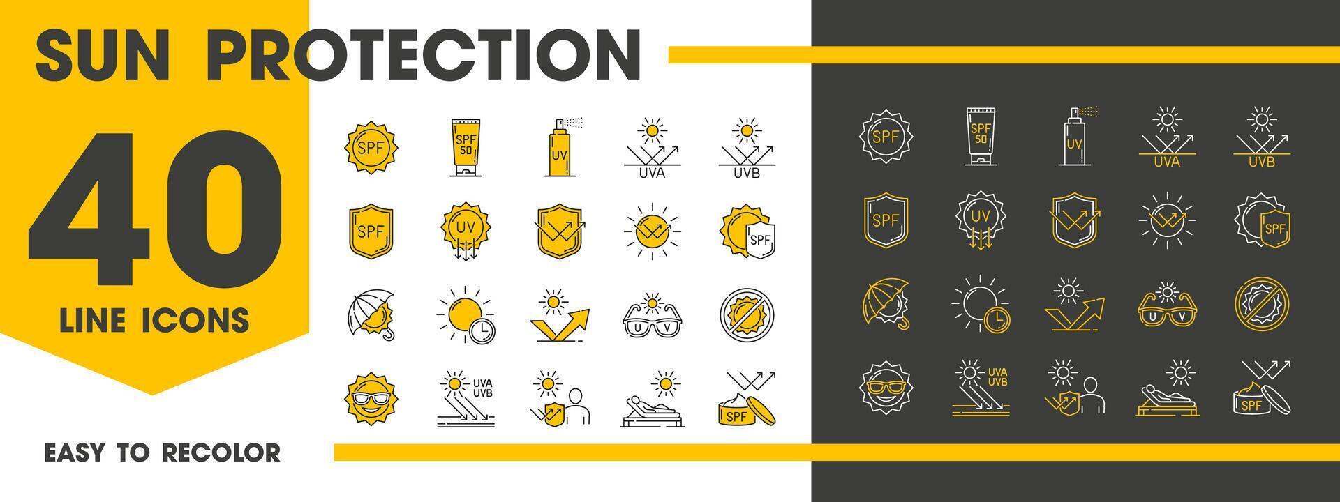 SPF, sunscreen, sun and ultraviolet protect icons vector