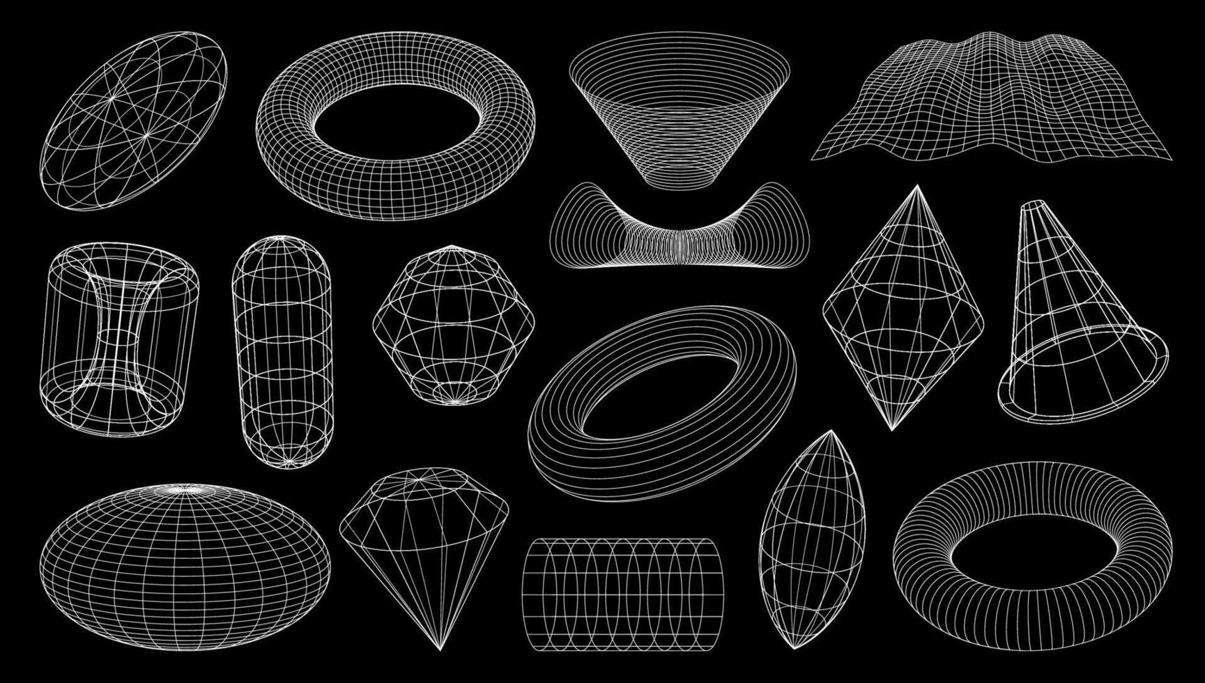 3D wireframe shapes, brutal tech grids, retro mesh vector
