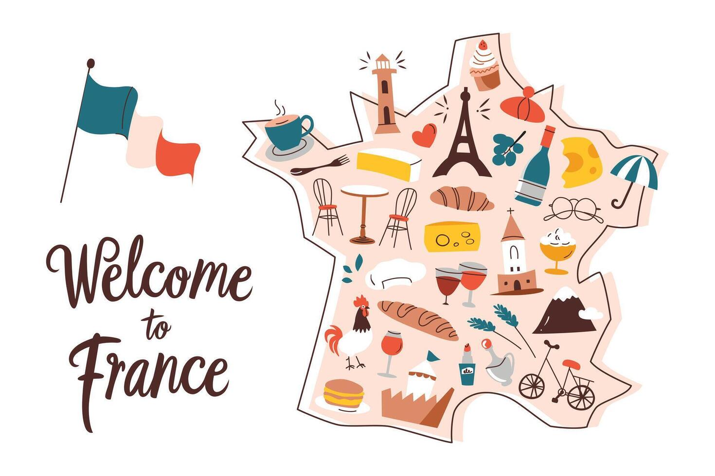 France map with doodles, french national symbols on country shape, travelling to Paris, Eifel tower illustration, cartoon composition with lettering, welcome to France, geography drawing vector