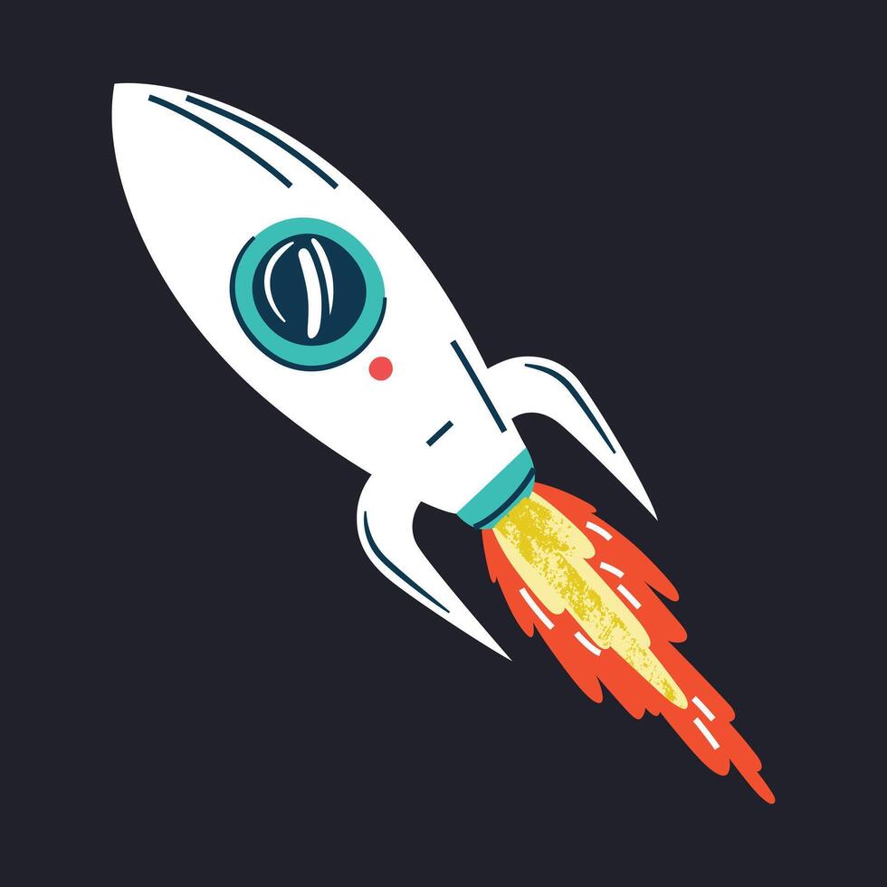 Spaceship icon, illustration of space shuttle on dark background, cartoon rocket, science symbol, explore universe, retro doodle, astronomy for children, space ship launch, interstellar flight vector