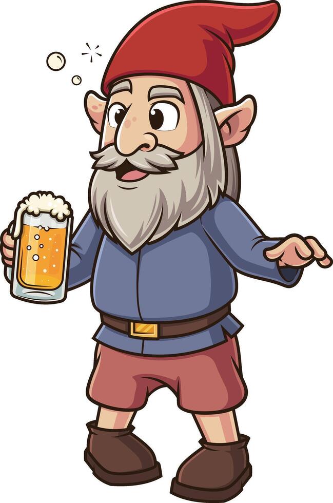 Drunk gnome having difficulty walking while holding a glass of beer illustration vector
