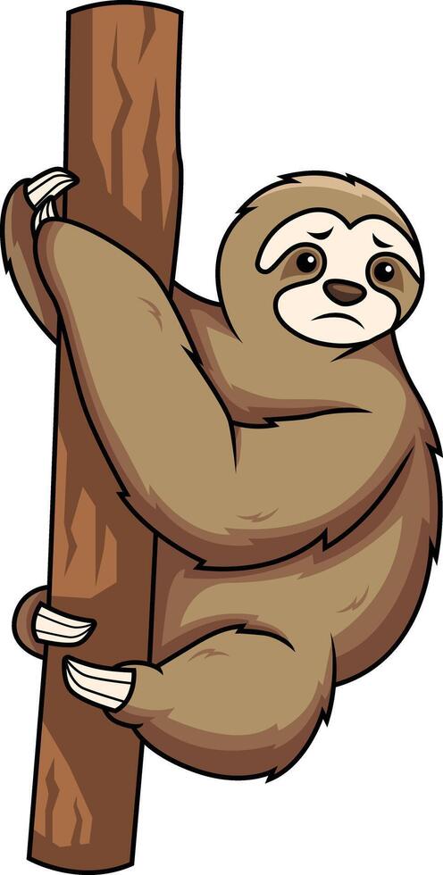 Sad sloth hanging from tree branch illustration vector