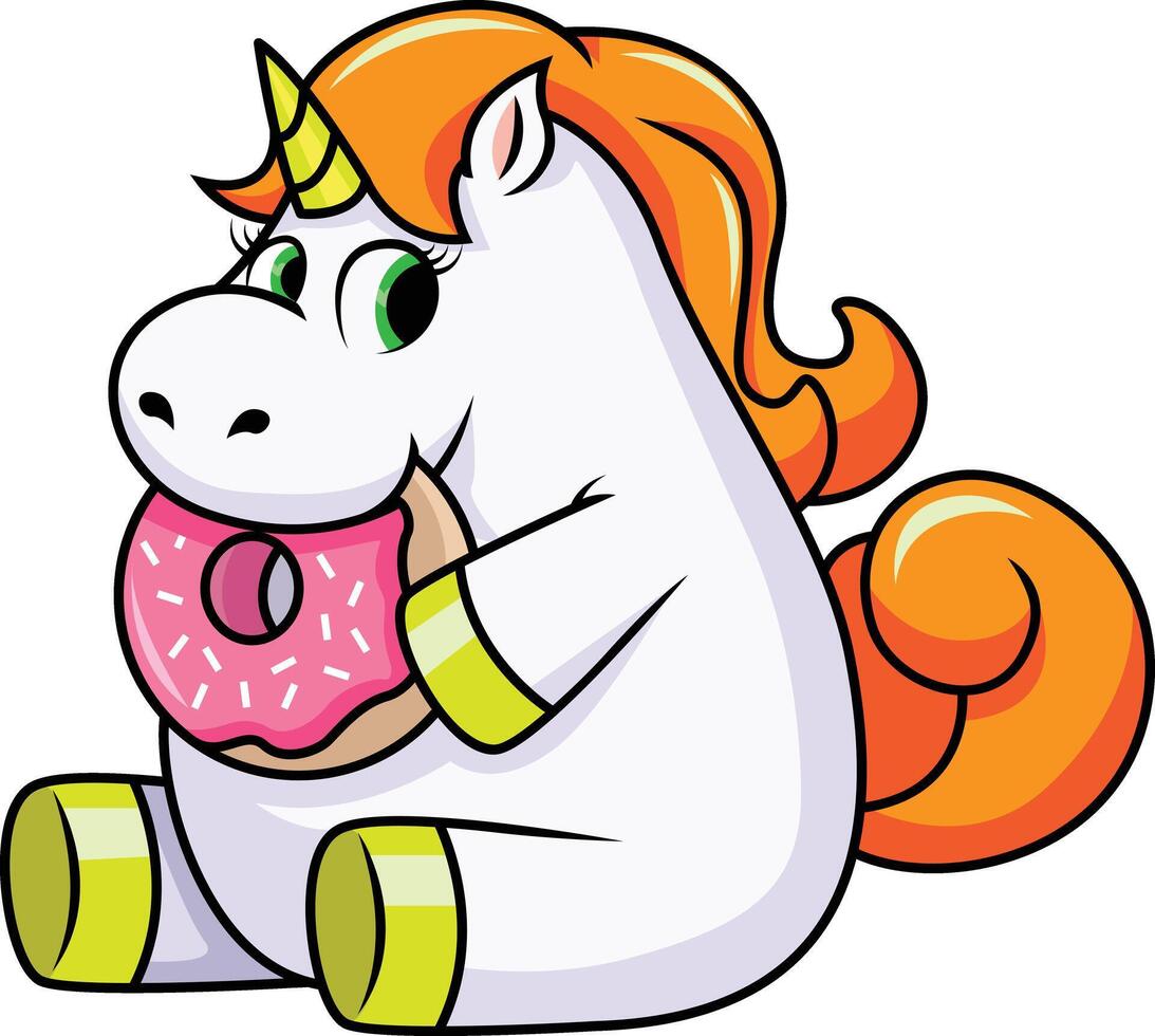 Cute unicorn eating a donut illustration vector