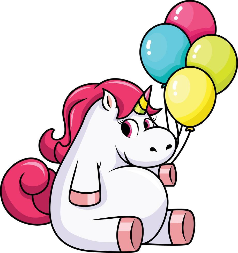 Chubby unicorn holding balloons illustration vector