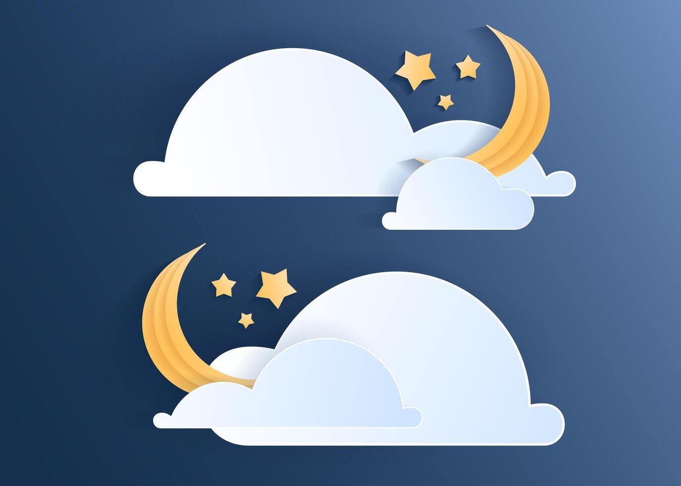 papel cortar clima elemento de nubes y Luna en azul antecedentes. pronóstico blanco nube icono símbolo recopilación. 3d papercraft marco icono para carteles y volantes, presentación, web, social medios de comunicación vector