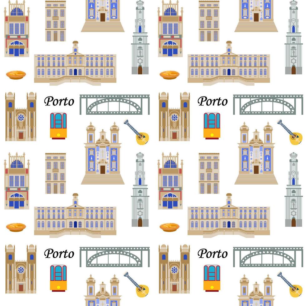 Seamless pattern with the sights of Porto Portugal, the illustration is made in a flat style for wallpaper background, gift packaging, souvenir product design, postcards and notebooks for tourists vector