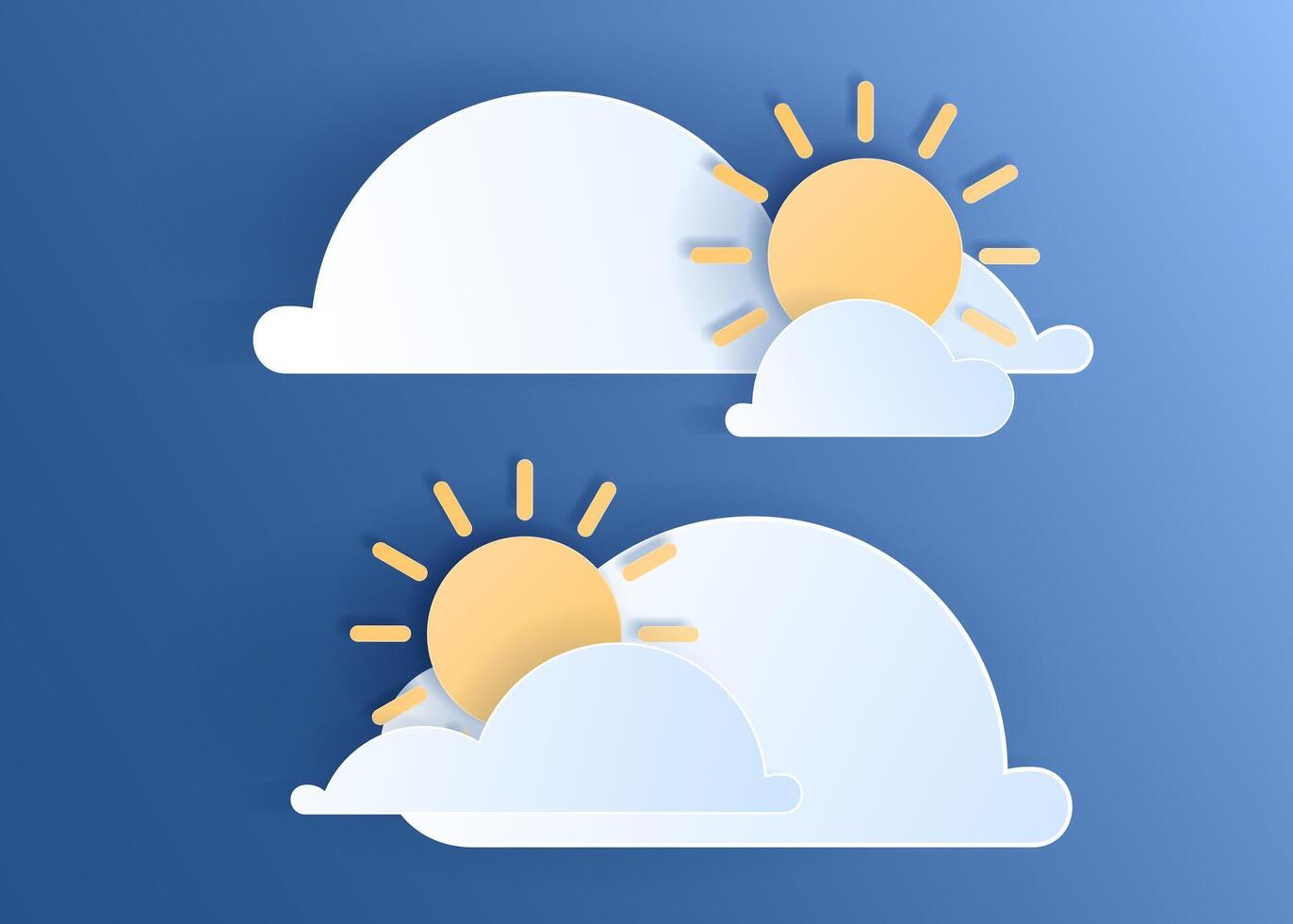 Paper cut weather element of clouds and sun on blue sky background. Forecast white cloud icon symbol collection. 3D Papercraft frame icon for posters and flyers, presentation, web, social media vector