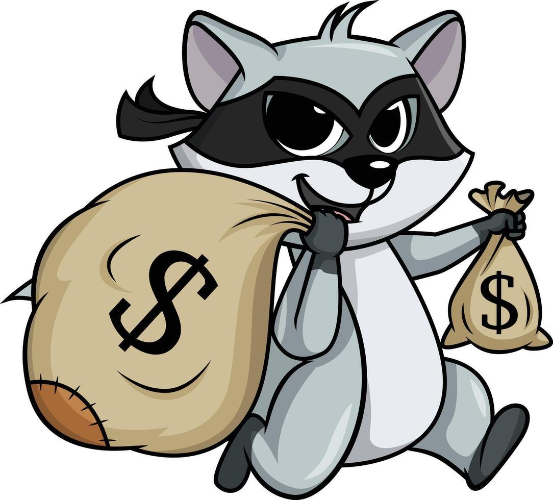 Raccoon thief running away with booty illustration vector