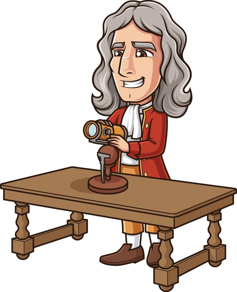 Isaac Newton inventing reflecting telescope illustration vector