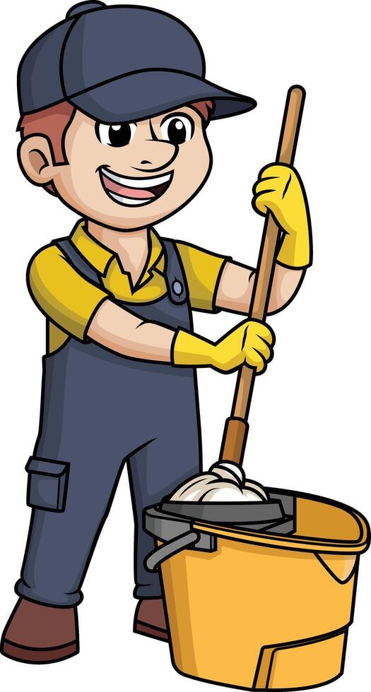Male janitor with mop bucket illustration vector