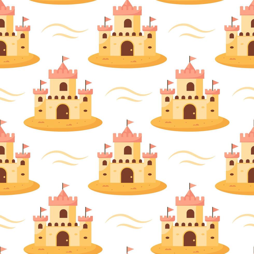 Summer sand castle seamless pattern. Sand castle in a colorful pattern on a white background. vector
