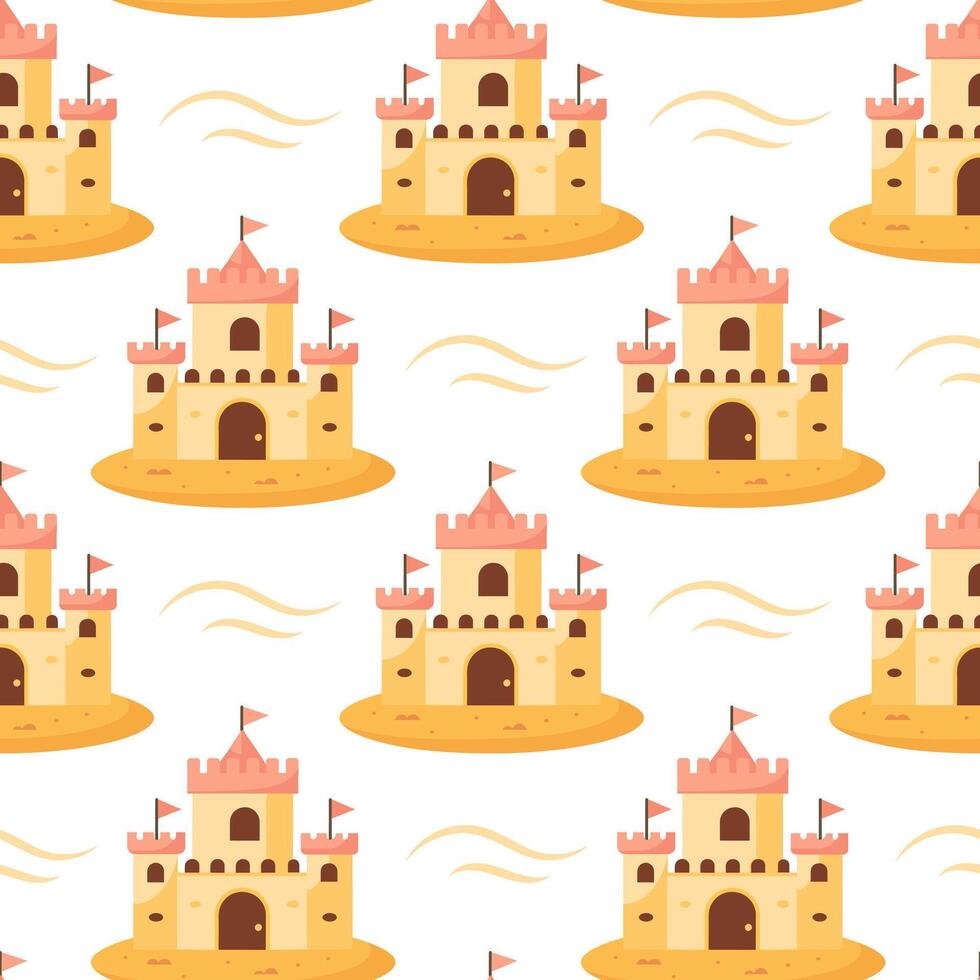 Summer sand castle seamless pattern. Sand castle in a colorful pattern on a white background. vector