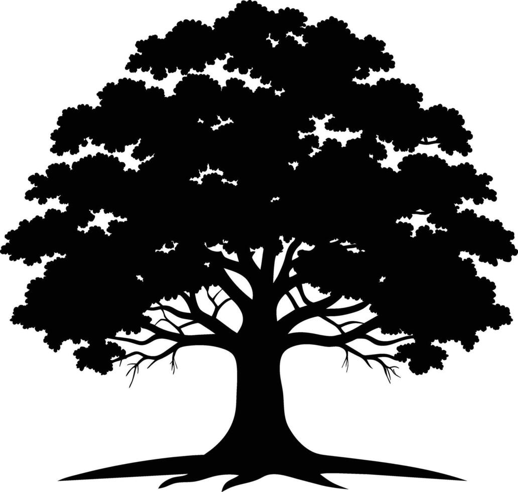 A oak tree with roots silhouette black vector