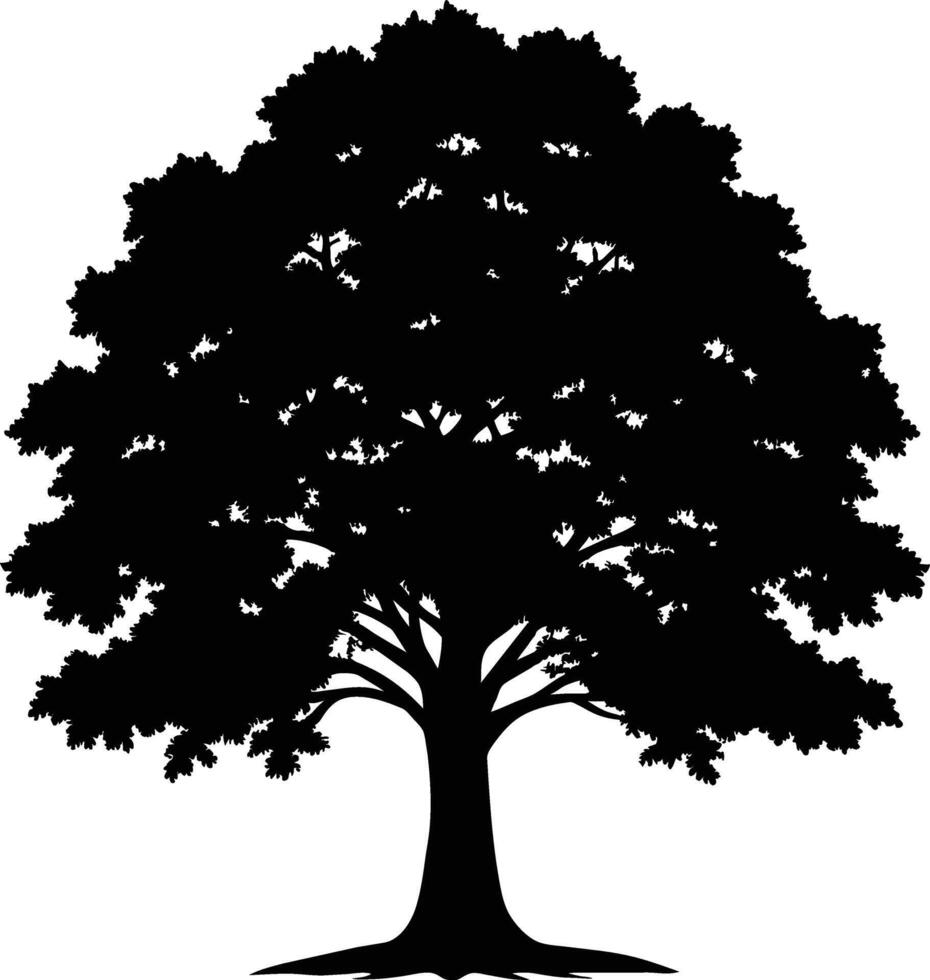 un roble árbol con raíces silueta negro vector