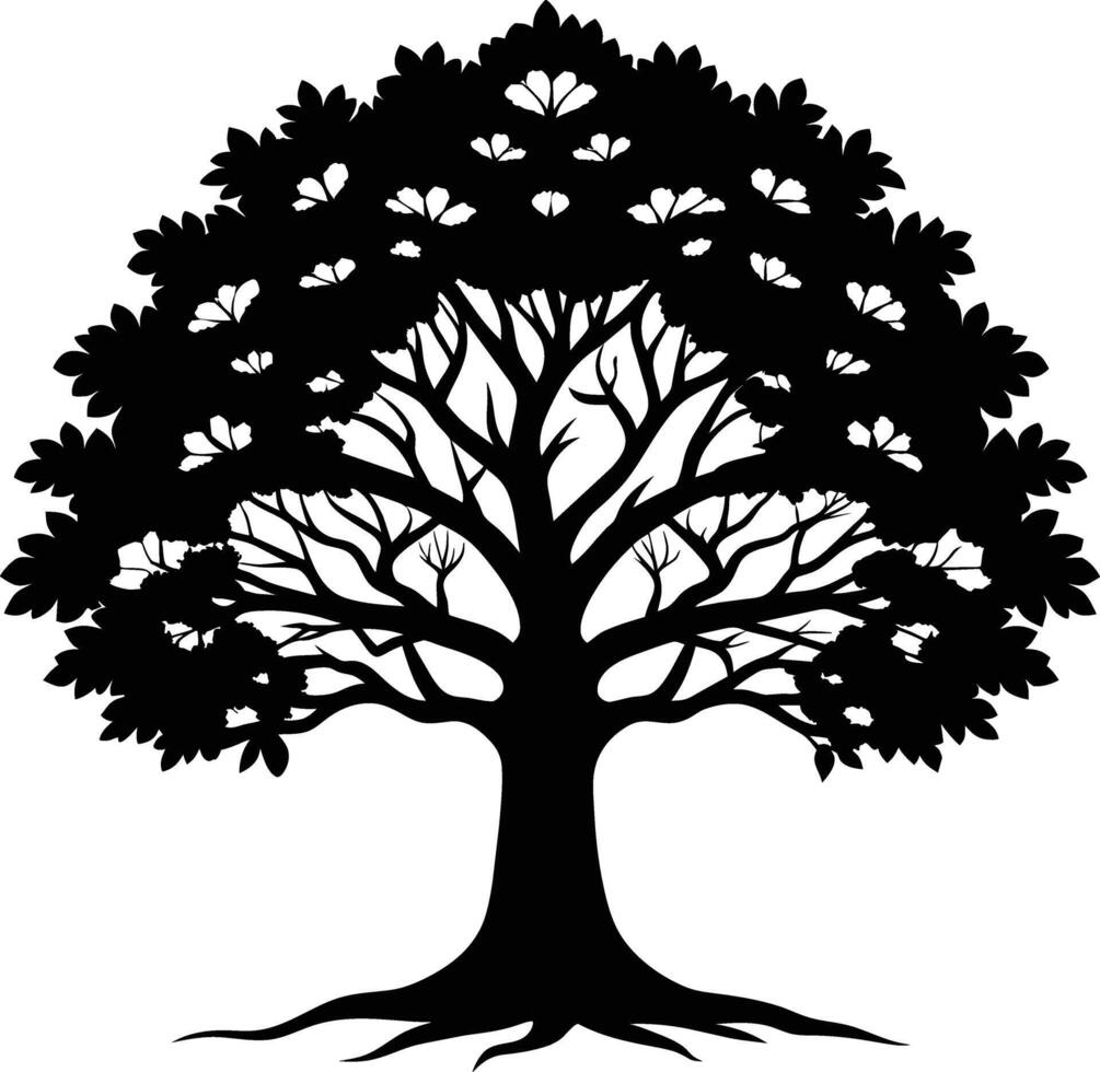A oak tree with roots silhouette black vector