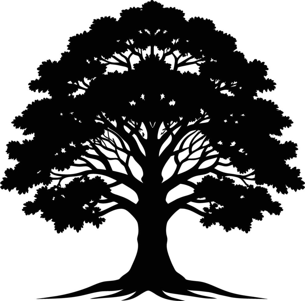 A oak tree with roots silhouette black vector