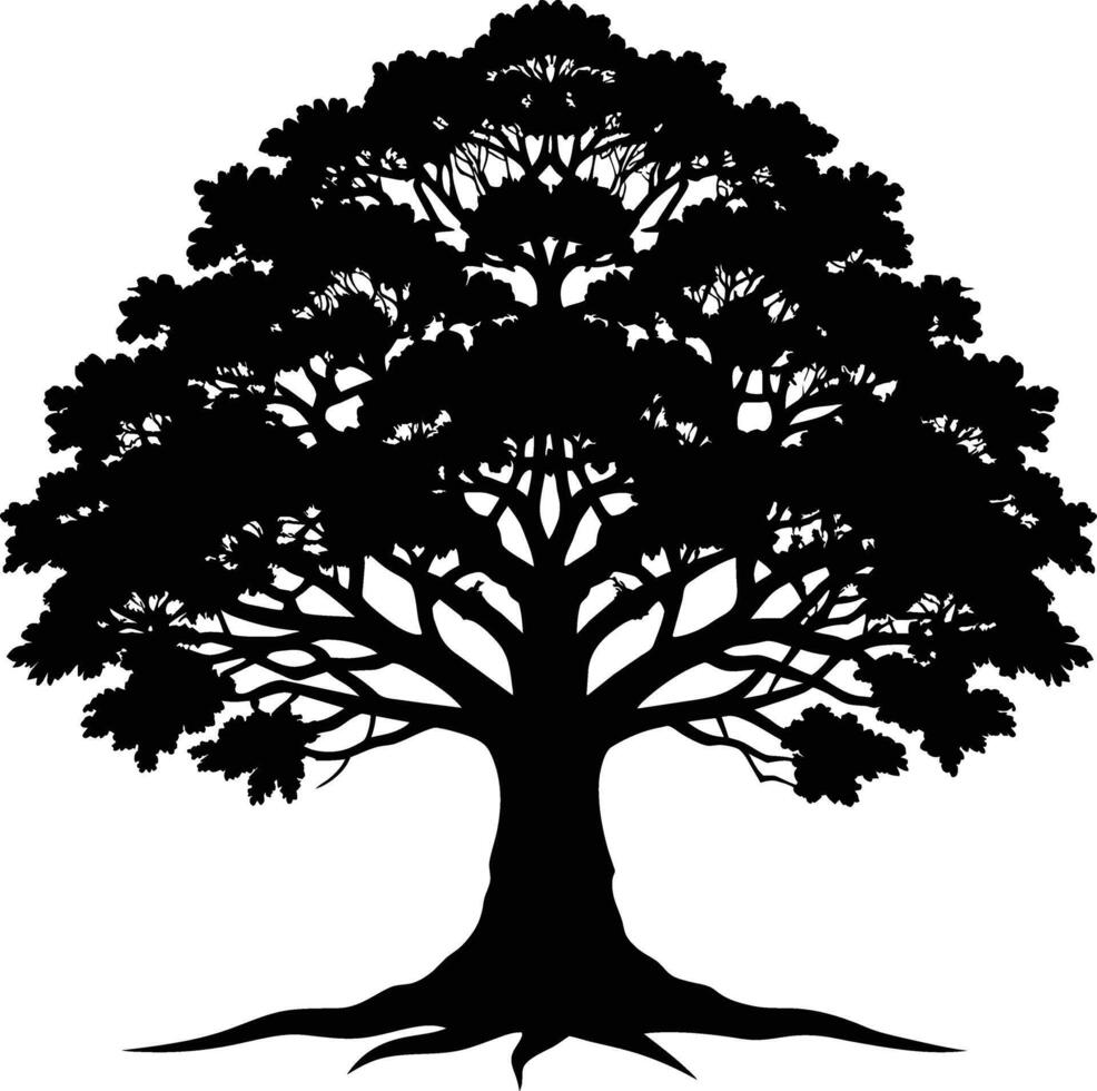 A oak tree with roots silhouette black vector