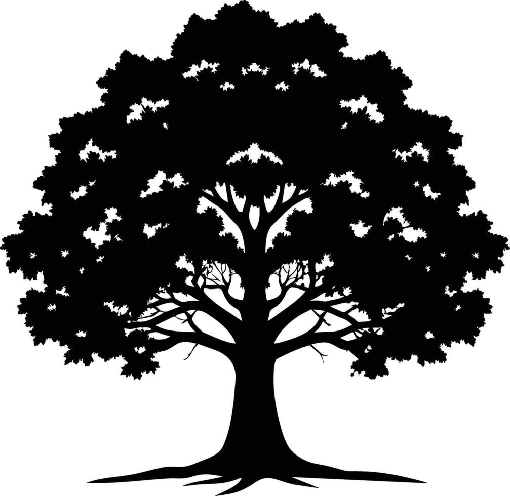 un roble árbol con raíces silueta negro vector