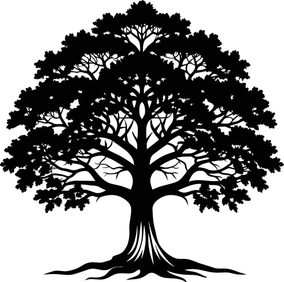 A oak tree with roots silhouette black vector