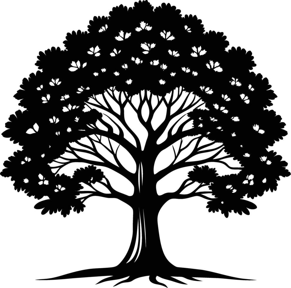 A oak tree with roots silhouette black vector