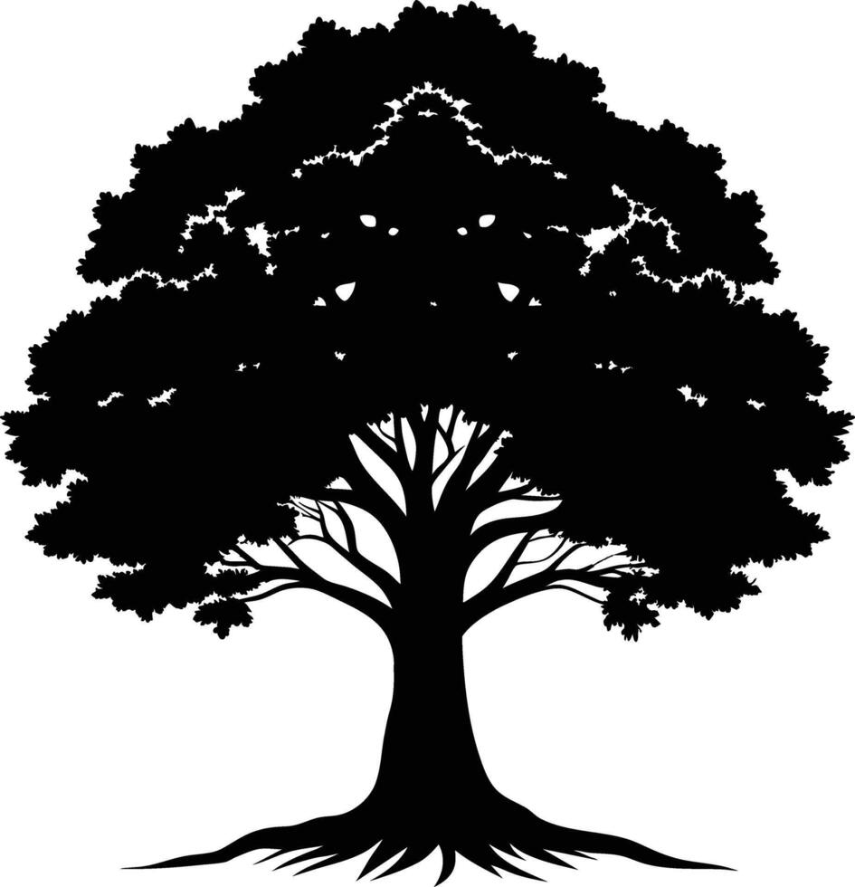 A oak tree with roots silhouette black vector