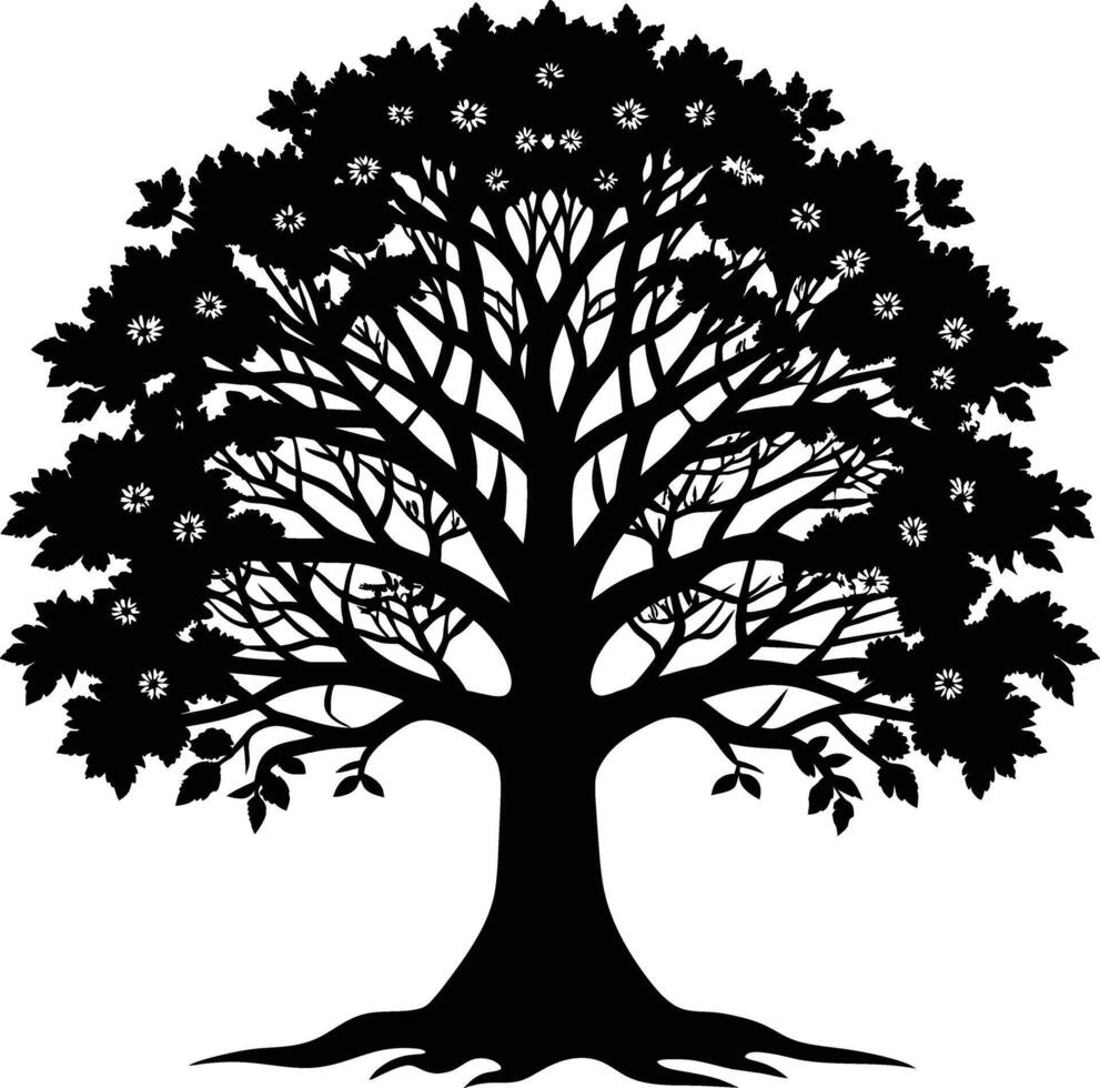 A oak tree with roots silhouette black vector