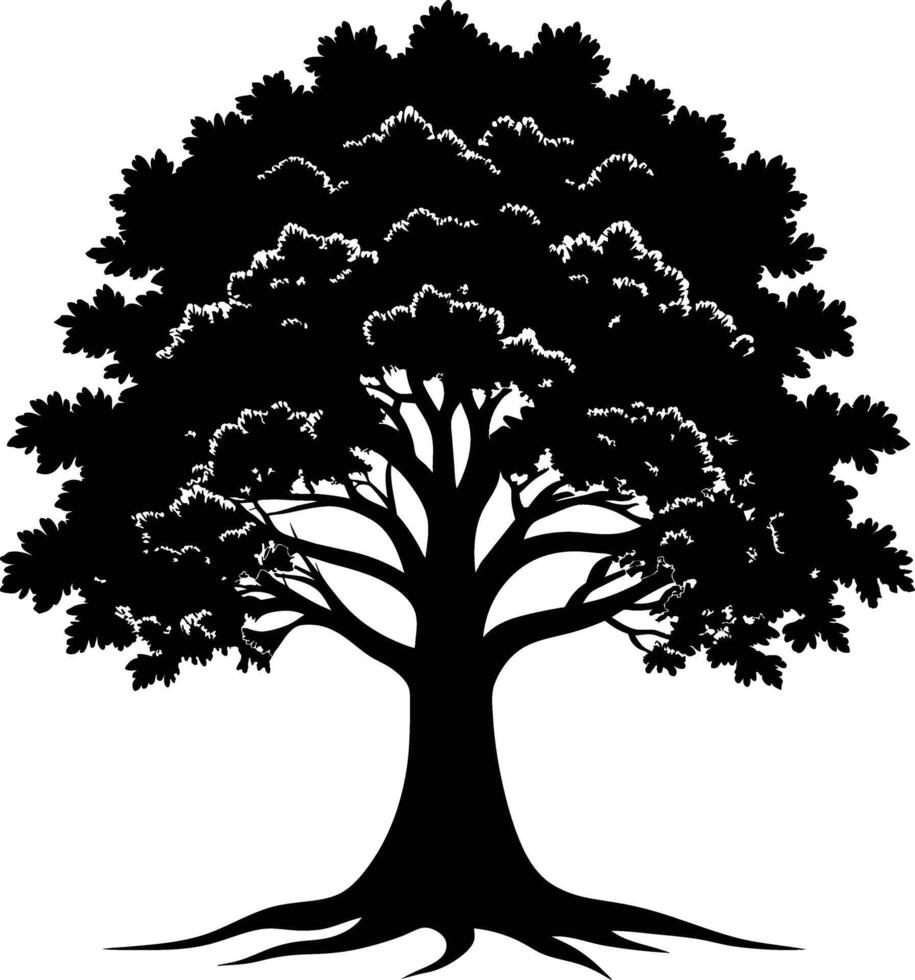 A oak tree with roots silhouette black vector