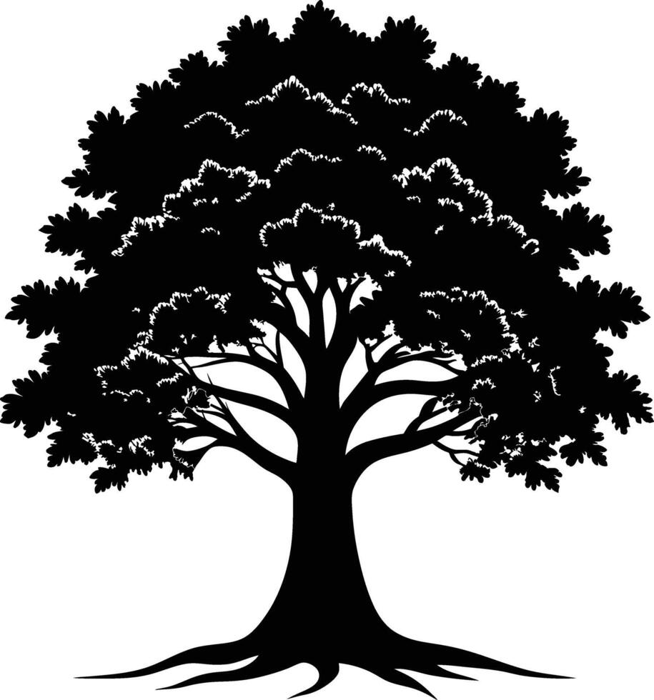 un roble árbol con raíces silueta negro vector