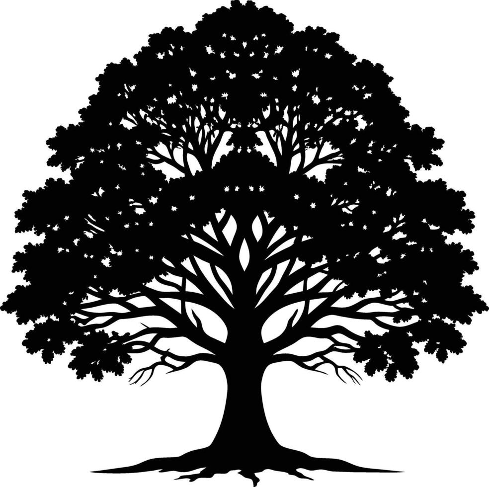 A oak tree with roots silhouette black vector