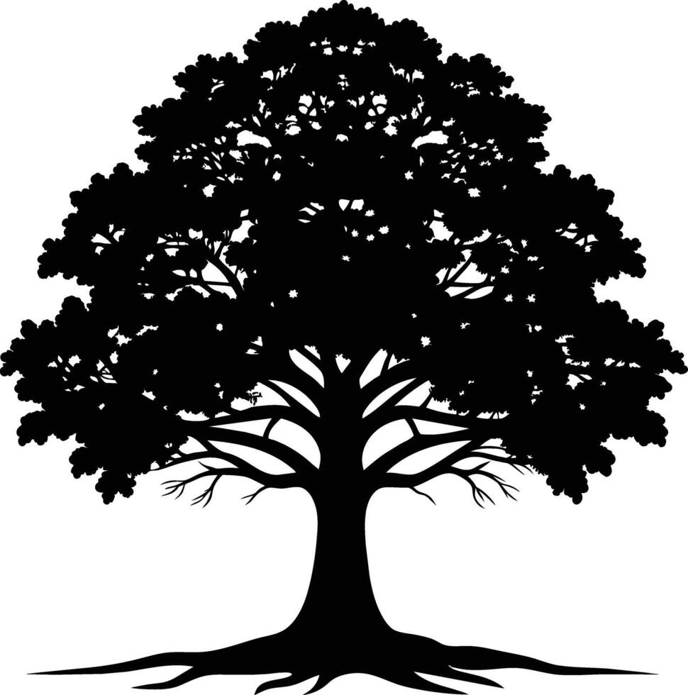 A oak tree with roots silhouette black vector