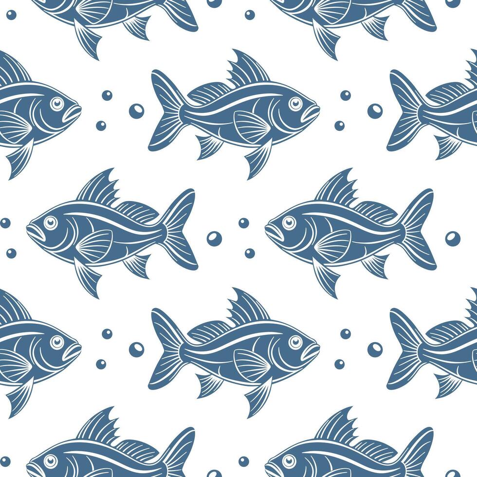 Seamless pattern, silhouettes of sea fish with water bubbles on a white background. Printing, textiles vector