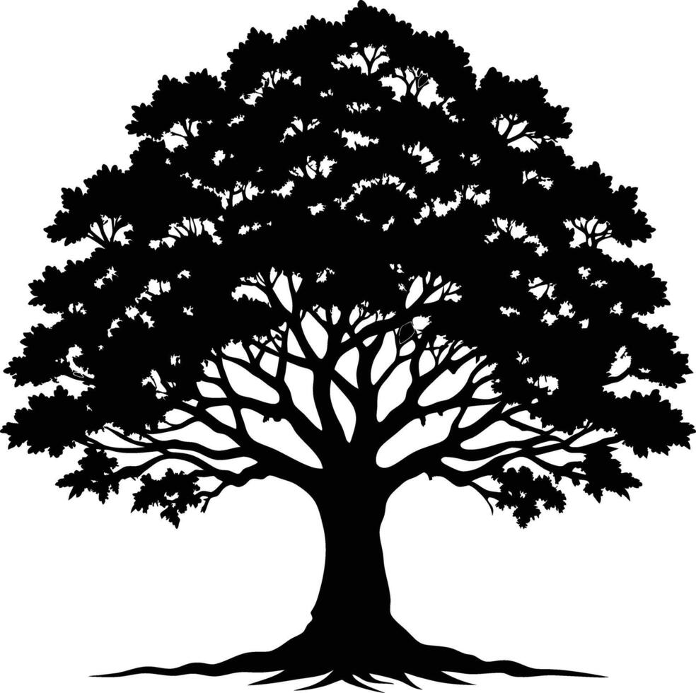 A oak tree with roots silhouette black vector