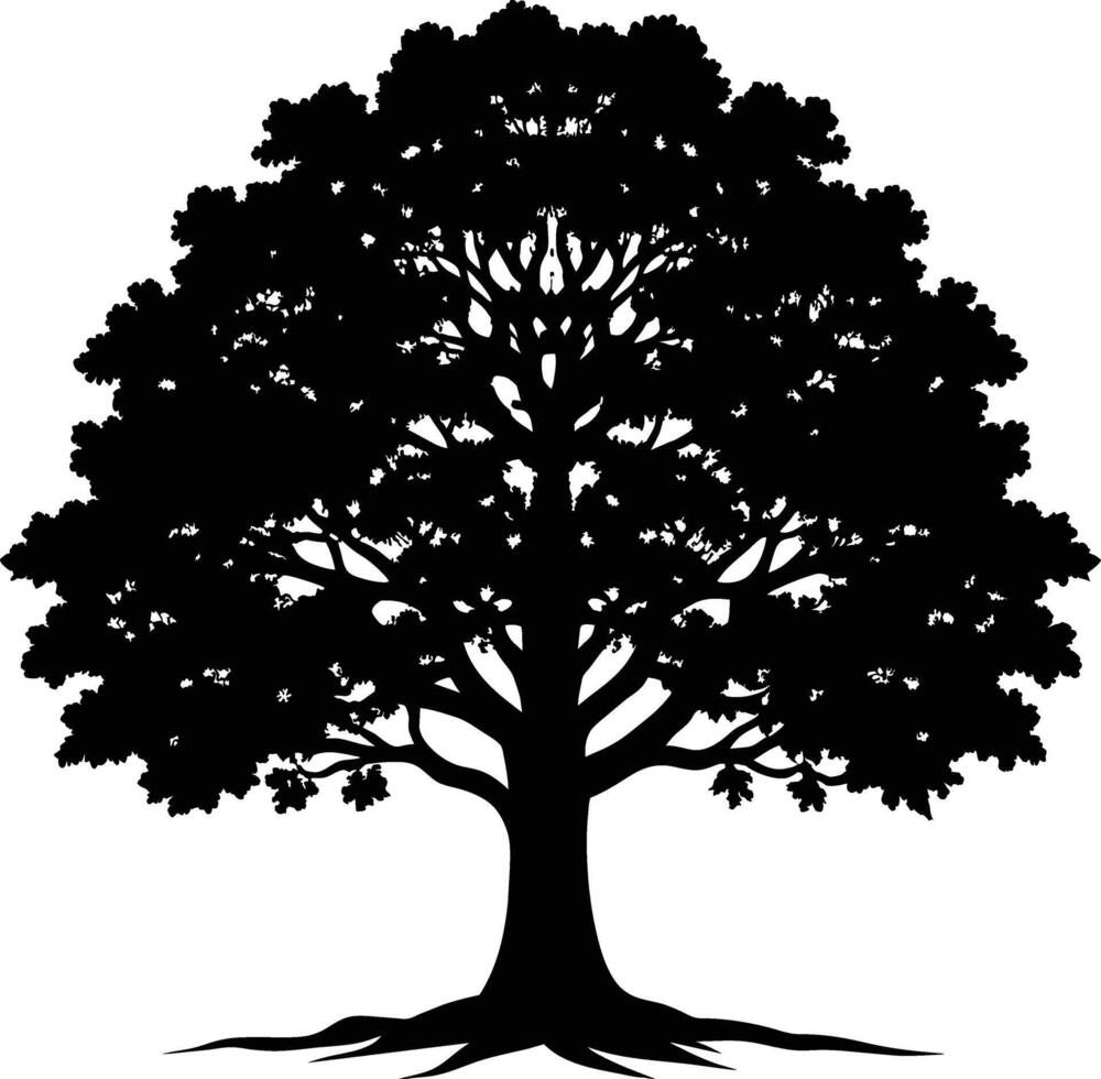 un roble árbol con raíces silueta negro vector