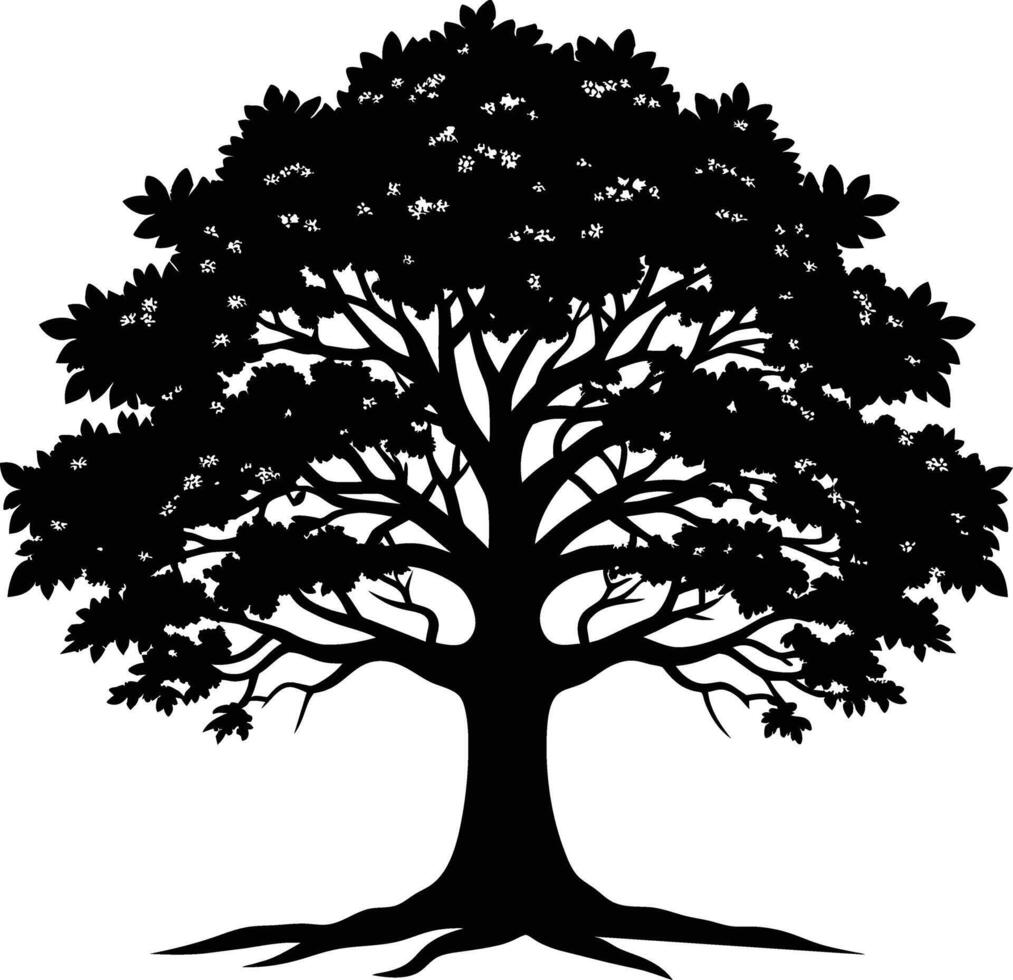 A oak tree with roots silhouette black vector